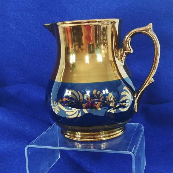 Unbranded Other - Pitcher Small Lusterware Gold with Blue Band Floral Design Collectible Vintage